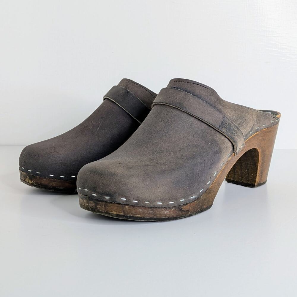 Sandgrens Maya Clogs 39 Brown Nubuck Leather 3" Heel Swedish Wood Base Runs 8.5 - Picture 16 of 16